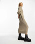 Object knitted v neck midi jumper dress with balloon sleeves in beige melange