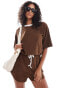 ASOS DESIGN short sleeve elastic tie waist romper in mocha