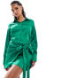 In The Style x Perrie Sian exclusive satin wrap tie side mini shirt dress in emerald green