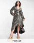 Фото #2 товара Flounce London Plus long sleeve wrap maxi dress in gold metallic sparkle