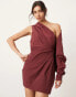 ASOS EDITION cotton one sleeve volume mini dress in burgundy