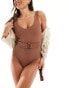 In The Style crinkle scoop neck ring belted swimsuit in brown