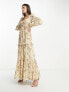 ASOS DESIGN sweetheart neck pleated maxi dress with frills in printed floral metallic jacquard