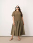 Фото #1 товара ASOS EDITION Curve jersey contrast fabric tshirt dress with drop waist in olive green