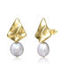 Sterling Silver 14k Yellow Gold Plated with White Coin Freshwater Pearl Drop Geometric Rippled 3D Double Dangle Earrings