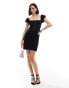 ASOS DESIGN square neck mini dress with puff sleeve and button front in black