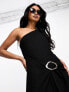 Фото #4 товара ASOS DESIGN textured one shoulder midi dress with sarong skirt and trim detail in black