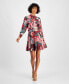 Petite Floral Button-Trim Belted Long-Sleeve Dress