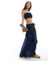 ASOS DESIGN soft denim maxi skirt with ruched waist in dark blue black co-ord