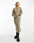 Object knitted v neck midi jumper dress with balloon sleeves in beige melange