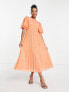 ASOS DESIGN Petite high neck pleated chevron dobby midi dress with puff sleeve in coral