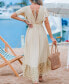 ფოტო #4 პროდუქტის Women's Neutral V-Neck Ruffled Sleeve Lace Hem Midi Beach Dress