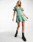 ASOS DESIGN tiered mini dress with lace trim and pink rose embroidery in sage