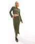 Reclaimed Vintage ribbed knitted midi skirt with tie detail in khaki co-ord