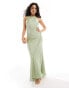 TFNC Bridesmaids satin maxi dress with tie back and button detail in sage