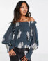 AllSaints Lara Cordelia off shoulder top in smoke grey floral