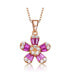 Sterling Silver with Rose Gold Plated Red Baguette Cubic Zirconia Flower Style Pendant Necklace