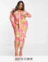 ASOS DESIGN Curve sash ruche front shirt midi dress in pink abstract print