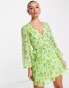 Фото #2 товара ASOS DESIGN button through ruched waist pleated mini dress in green floral print