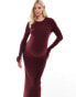 ASOS DESIGN Maternity knitted crew neck maxi dress with cuff splits in burgundy - BROWN