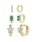 Фото #1 товара Sterling Silver 14k Gold Plated with Emerald & Cubic Zirconia Halo Star 3-Piece Hoop Earrings Set