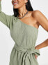 ASOS DESIGN one shoulder belted crinkle beach mini dress in khaki