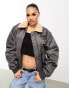 Фото #2 товара Karl Kani retro aviator bomber jacket in grey with contrast borg collar