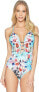 Фото #1 товара Jets Swimwear 166269 Womens Floral Plunge One-Piece Swimsuit Aquamarine Size 10