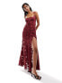 ASOS DESIGN jacquard double strap maxi dress with hook and eye split in burgundy