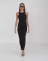 4th & Reckless premium ribbed embroidered logo racerneck maxi dress in black