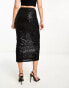 In The Style exclusive twist front sequin midi skirt in black