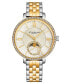 Women's Quartz Sil SIlver Alloy Case, Gold and Silver SS Link Bracelet Watch Moonphase Crystal Studded Bezel White Mother-of-Pearl Dial