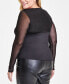 Фото #2 товара Plus Size V-Neck Sheer-Sleeve Mesh Top, Created for Macy's