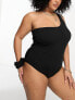 Фото #1 товара Simply Be crinkle one shoulder swimsuit with matching scrunchie in black