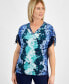 Petite Ombre Flora Printed Tab-Cuff Top, Created for Macy's Intrepid Blue Combo, P/S - фото #1