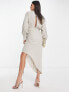 ASOS DESIGN linen batwing tie side midi dress with asymmetric skirt in natural