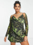 COLLUSION Plus cowl neck neon printed satin mini slip dress with mesh shrug in multi