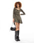 Monki scoop neck long sleeve mini dress with ruffle detail in khaki