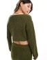 Фото #4 товара ASOS DESIGN knitted v neck crop jumper in open stitch co-ord in khaki