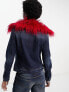 COLLUSION Y2K wash cropped denim jacket co-ord with detachable red fur trim in dark blue