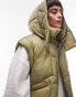 Topshop oversized hooded puffer gilet with seam details in khaki