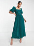 ASOS DESIGN puff sleeve pleated dobby midi dress with scallop trim in forest green