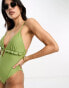 River Island plunge frill swimsuit in khaki Зеленый, 38 - фото #4