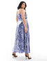 Vero Moda Curve satin maxi slip dress with lace trim in blue crinkle print