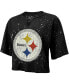 Фото #3 товара Women's Threads Black Distressed Pittsburgh Steelers Bleach Splatter Notch Neck Crop T-shirt