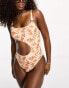 ASOS DESIGN cut out ring detail swimsuit with crochet detail in natural palm print Palmenmuster, 42 - фото #4