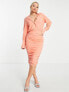 Фото #1 товара AX Paris button detail ruched side midi pencil dress in coral
