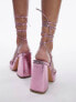 Topshop Eve heeled platform with ankle tie in pink metallic