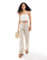 Bershka tie waist wide leg linen trousers in sand