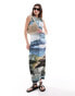 Фото #1 товара ASOS DESIGN built up mesh maxi dress with lettuce edging in landscape print